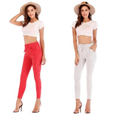 Women Slim Striped Cropped Pants Fashion Ladies Casual Pencil Pants with Belt Female Skinny Elastic Waist Nine Piece Pants