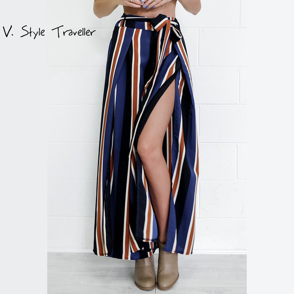 Striped Wide Leg Pants Side Slash High Waist Fashion Sashes Sexy Mono combinaison pantalon femme Skirt Capris Chic Boho Trousers