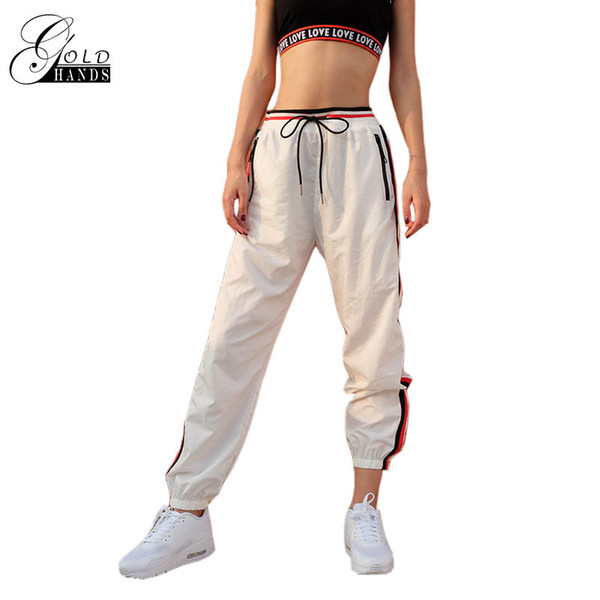 Gold Hands Female Sweat Track Pants Women Waist tie Stripes Loose Fitness Harem Pants Sweatpants Track Cuff Gogger