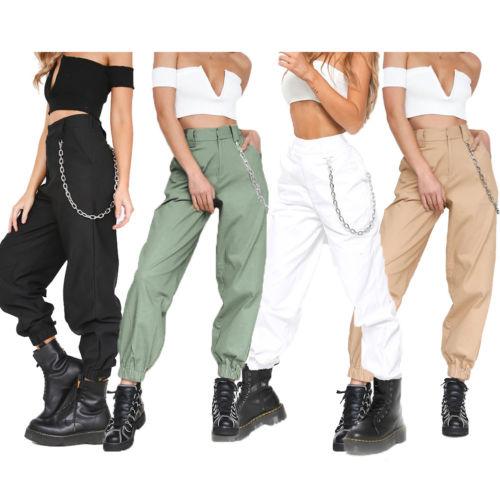 Fashion Women Casual Chain Combat Harem Pant New Summer High Waist Hip-pop Harem Pants Loose Solid Trousers