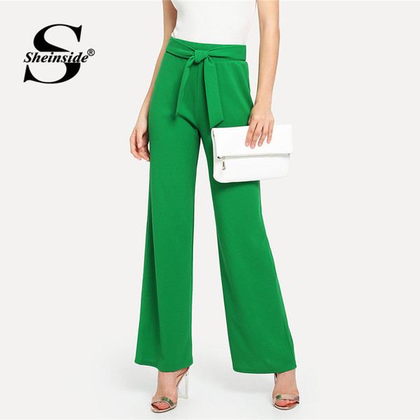 Sheinside Plain Green High Waist Casual Wide Leg Pants Office Ladies Self Tie Waist Regular Fit Women Autumn Elegant Pants