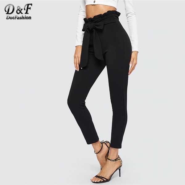 Dotfashion Black Paperbag Waist Skinny Pants With Belt Women Elegant High Waist Pants Spring Autumn Streetwear Trousers