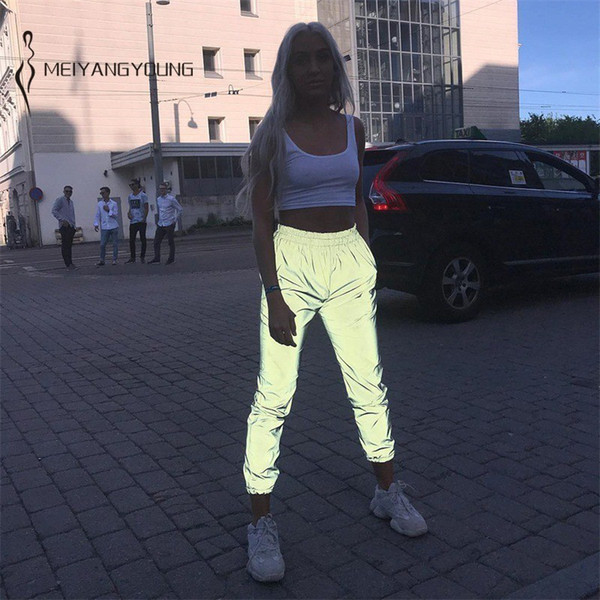 Night Reflective Hip Hop Pants Women Trousers High Waist Pants Joggers Harem Streetwear Casual Elastic Loose Trousers