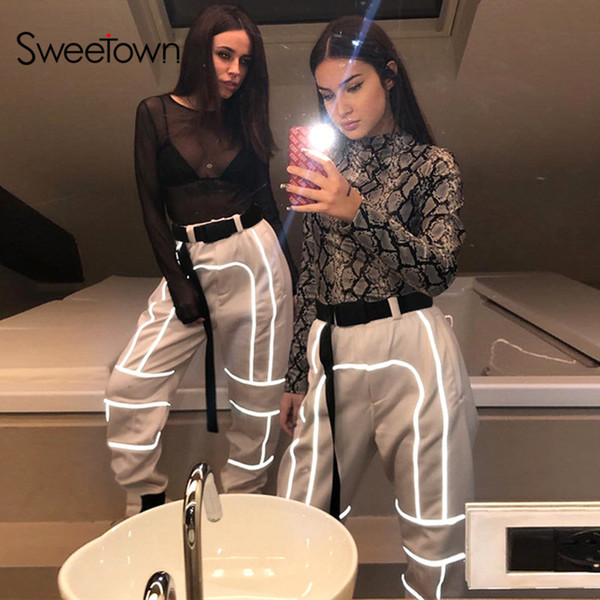 Sweetown Reflective Stripe Patchwork Gothic Cargo Pants Women Streetwear New Arrival 2019 High Waist Trousers With Sashes