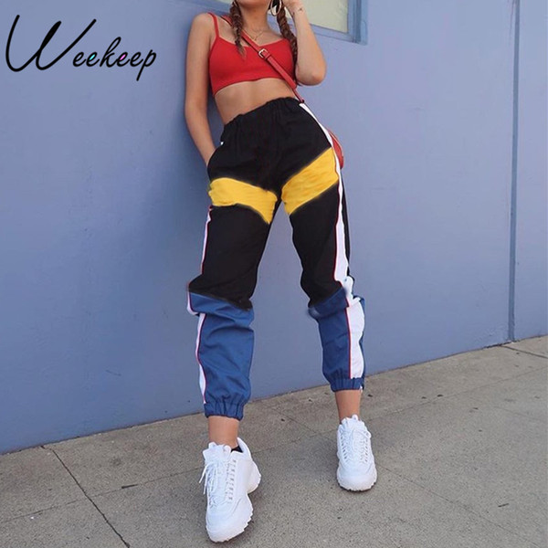 Weekeep Women High Waist Patchwork Pants Summer Fashion Black Pencil Pants Streetwear Cargo Loose Jogger Women Bottom