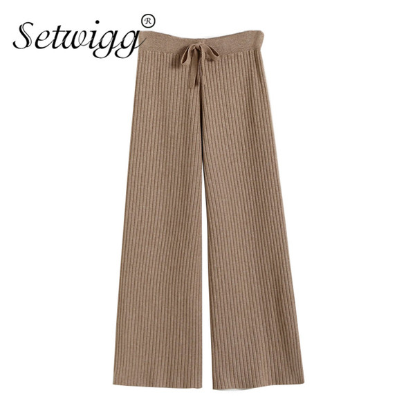 SETWIGG Autumn Vetical Striped Wool Wide Leg Rib Knied Pants Elastic Waist Draw String Casual Loose Knit Ankle Length Trousers