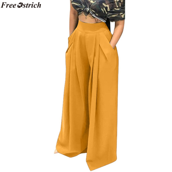 FREE OSTRICH Women Casual Loose Pants Autumn High Waisted Wide Leg Trousers Pleated Long Culottes Elastic Waist Trouser Pockets