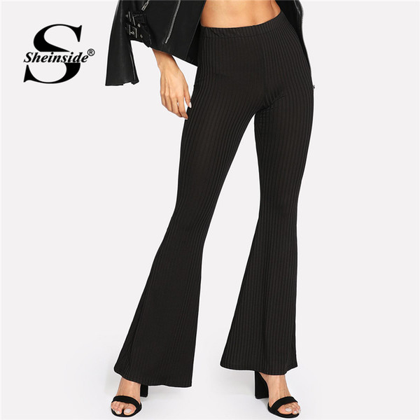 Sheinside Black Ribbed Flare Pants Elastic Waist Trousers Women Streetwear Pants and Capris 2019 Autumn Elegant Flare Leg