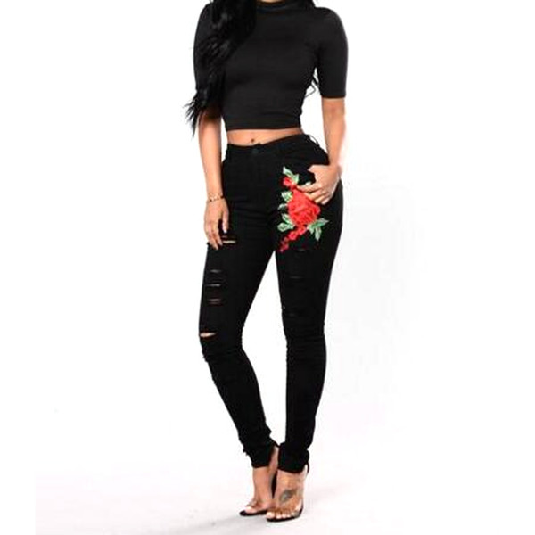 Women's Floral Embroidered Denim Ripped Pants Stretch Jeans Slim Pencil Trousers