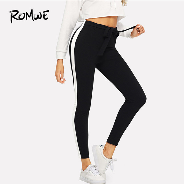 Waist Knot Contrast Side Seam Pants Posh Spring Autumn Skinny Crop Pants Casual Black Mid Waist Women Trousers