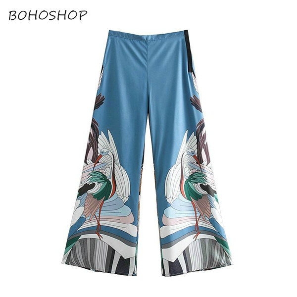 Vintage chic elegant women bohemian crane print wide leg Bohemian pants casual loose Boho long pants women oversize