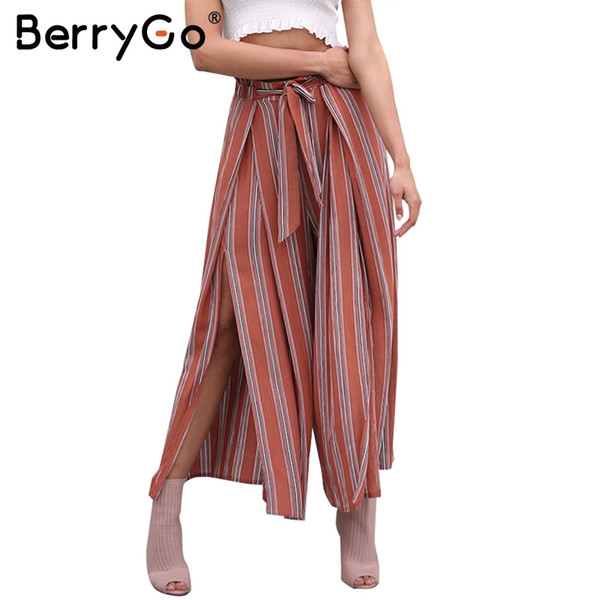 BerryGo Casual split wide leg pants women Christmas summer high waist beach striped pants Elastic sash chic trousers femme