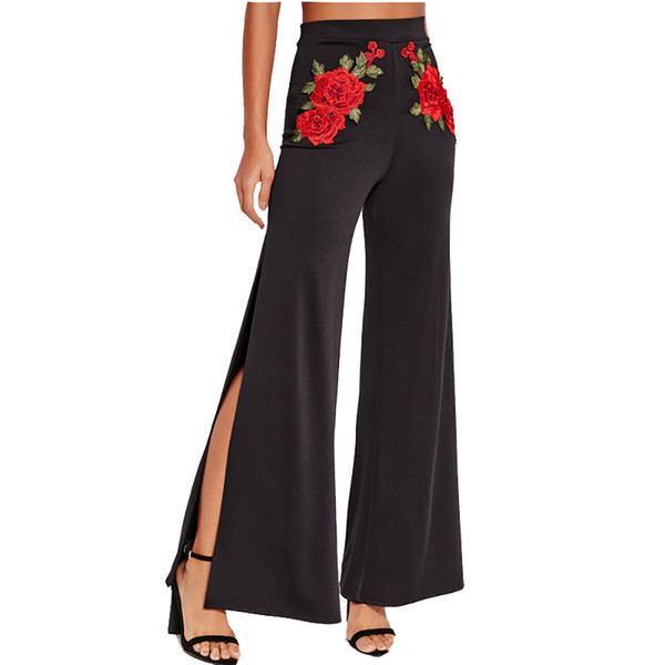 High Waist Rose Embroidery Floral Side Split Flare Pants Women Boho Summer Beach Long Pants Elastic Casual Flare Trousers