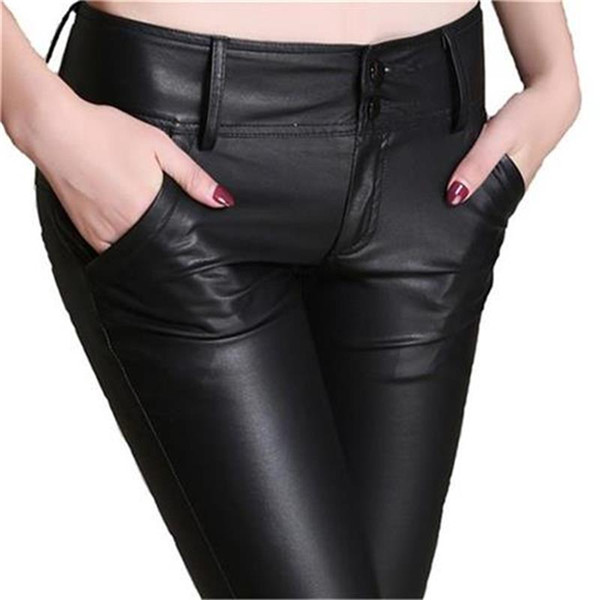 {Guoran} 2017 Winter Warm PU Leather Pants Slim Skinny Pencil Pants Faux Leather Trousers Plus Size Black Leggings Femme