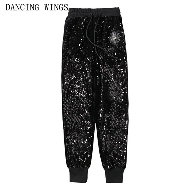 Personality women's black stretch trousers elastic waist gold velvet embroidered sequins harem pants Performance