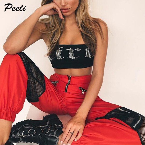 Peeli Mesh Patchwork Women Cargo Pants Sexy Hollow Out SweatPants Streetwear High Waist Joggers Femme Zipper Long Trousers