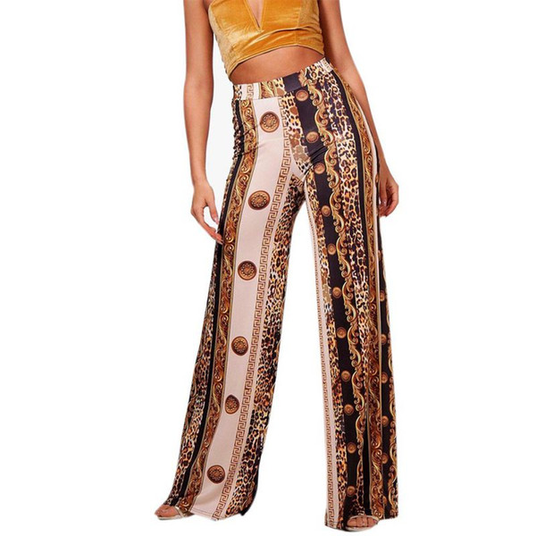 Spring Leopard Wide Leg Pants Women Long Casual Loose pantalon femme Boho Style Beach Elastic High Waist Milk Silk Trousers