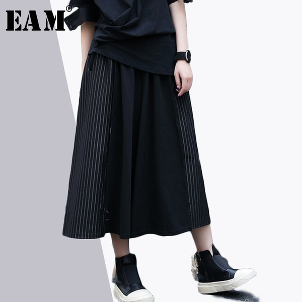 [EAM] 2018 spring summer new fashion black side striped stitch button fold loose big size women wide leg pants RA485