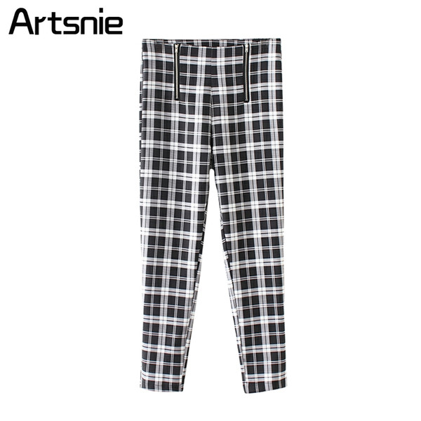 Artsnie Black Plaid Casual Pencil Pants Women Spring High Waist Zipper Elegant Skinny Legging Ladies OL Sexy Pants Femme