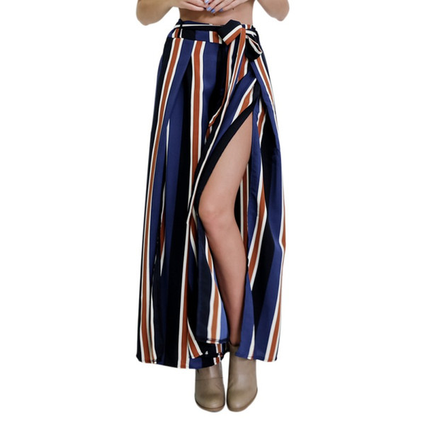 Summer Women Casual Color Striped Pants High Waist Pants Female Wide Leg Loose Full Length