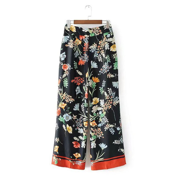 X702 Brand new Women's black color multicolor floral print Pants Ladies match all wide leg Trousers