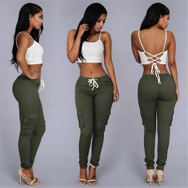 Slim White Stretch Drawstring Trousers Green Red Sexy Women Fashion Style Pants Ladies Trousers New Arrivals Party Club Pockets Pants S-XXL