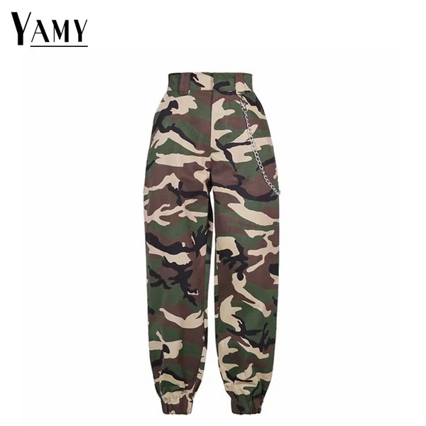 2018 new high waist cargo pants women camouflage sweatpants joggers chain camo pants girls cargo trousers with chain streetwear