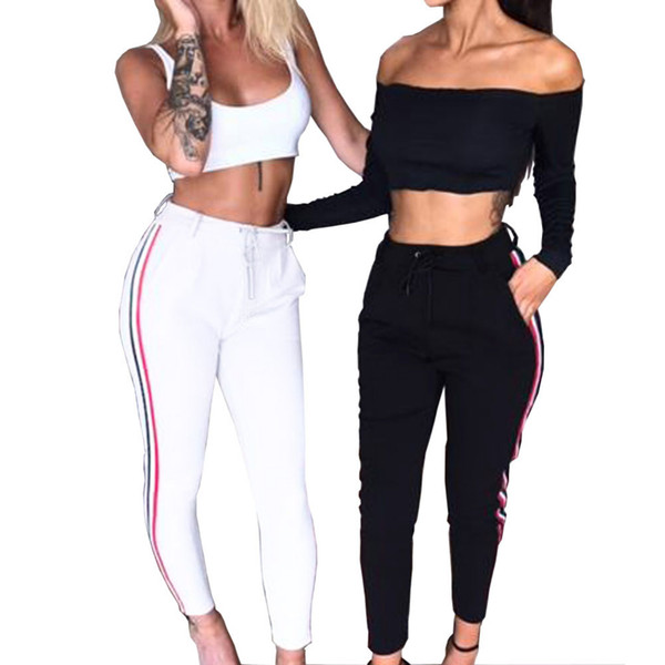 Spring Fashion Sporting Sweatpant Women Side Striped Pants Trousers Casual High Elastic Waist Drawstring Slim Pencil Pants