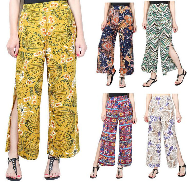 Explosive paragraph loose large fat MM open fork sexy beach printed chiffon wide leg pants high waist female PW014 Women's Pants & Capris