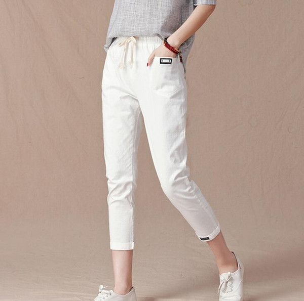 Summer new women loose loose cotton and linen breathable elastic waist nine points Harlan casual pants PW010 Women's Pants & Capris