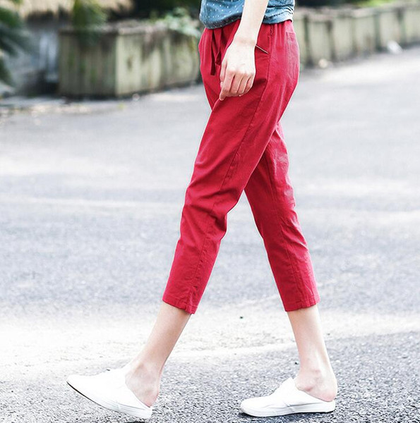 Summer imitation cotton and linen nine points loose Harlan big code tight waist waist casual pants PW003 Women's Pants & Capris