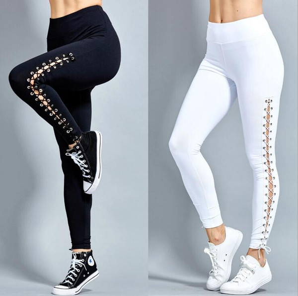 Women Sexy Fit Elastic Waist The leg bind Sport Long Thin Pants White and Black