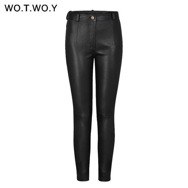 WOTWOY Autumn Winter High Waisted Leather Pants Women Fleece PU Leather Trousers Women Pockets Casual Black Pencil Pants 