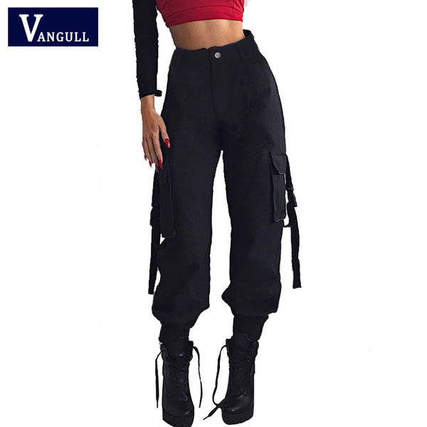 Vangull Black High Waist Cargo Pants Women Pockets Patchwork Loose Streetwear Pencil Pants Fashion Hip Hop Women's Trousers