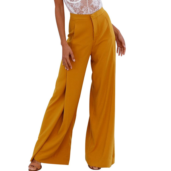 Women's High Waist Wide Leg Long Pants Office Lady Loose Stretch Yellow White Trousers with pocket