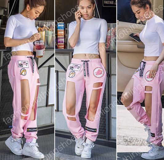 New fashion hole sport pants men and women students personalized embroidery badge BF loose pants hiphop casual trousers Jogging pants