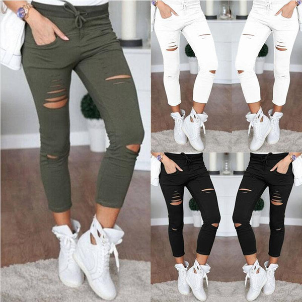 New 2018 Skinny Jeans Women Denim Pants Holes Destroyed Knee Pencil Pants Casual Trousers Black White Stretch Ripped Jeans