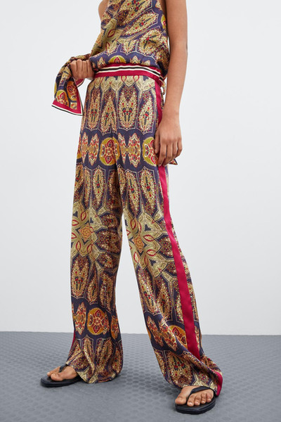 New Spring and Summer Printed Casual Flower Wide Leg Pants High Waist Women's Trousers A7-22539