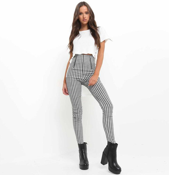 New Fshion Gray White Plaid Pants Sweatpants Women Side Stripe Trousers Casual Cotton Comfortable Elastic Pants Joggers