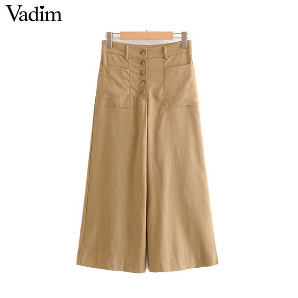 Vadim women stylish solid wide leg pants buttons fly design pockets decorate trousers female casual brand pants pantalones KA900