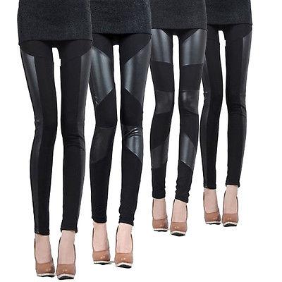 HOT Sale Ladies Leather Look Panel Leggings Jeggings Womens Stretch Trousers Black pants