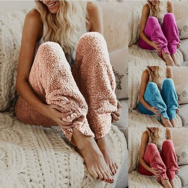 Women Lounge Sleep Pants Adult Pajama Bottoms Warm Plush Fleece Trousers Sleep Pajama Night Wear Solid Color Long Pants