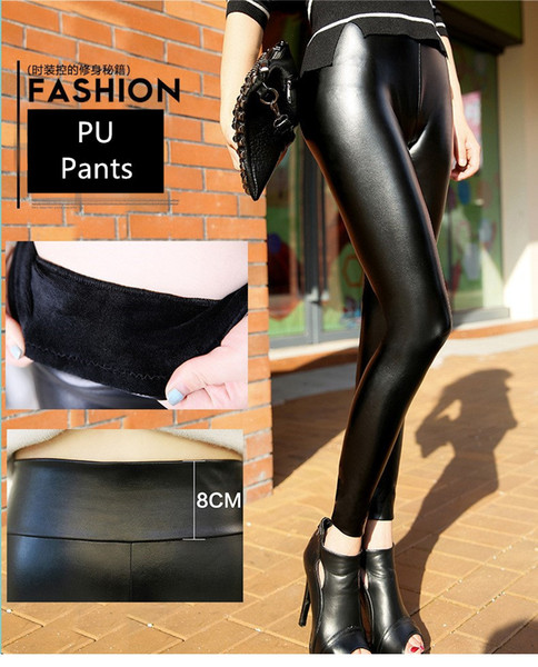 Russia Women PU Leather Pants Elastic High Waist slim Plus velvet warm black bright PU synthetic leather Trousers Skinny Pants Leggings