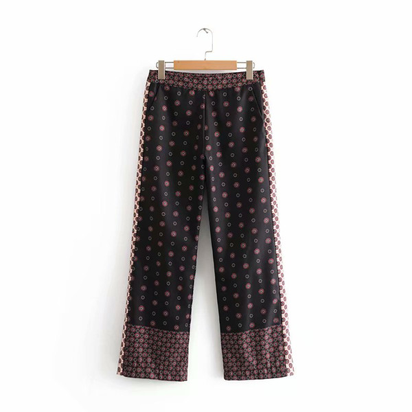 Women Vintage spliced Printing Loose straight pants long Trousers mujer retro flower print patchwork side zipper chic Pants P168