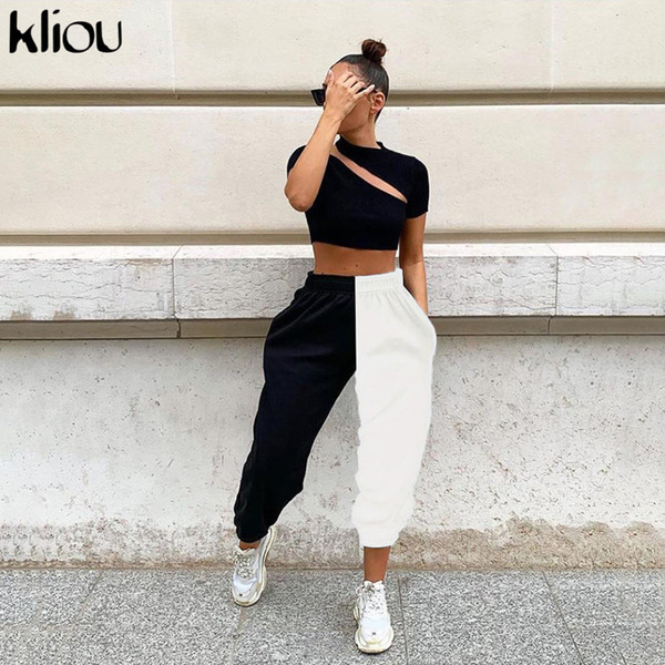 Kliou high waist black&white patchwork sporty harem pants autumn winter women loose casual sporty streetwear trousers T200103