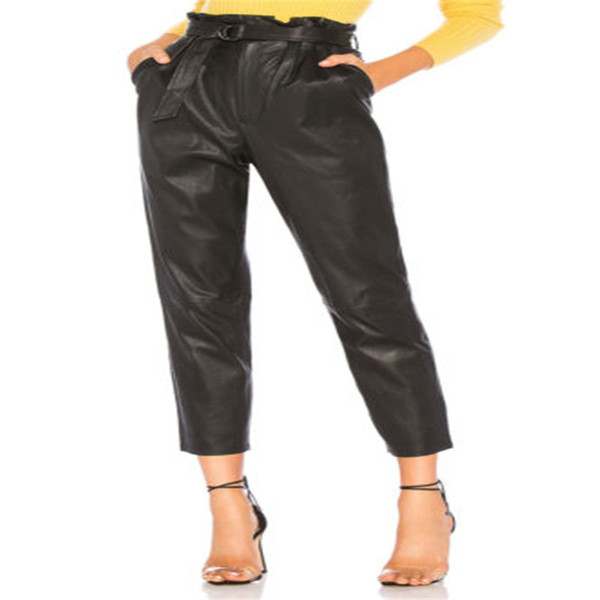 Women Casual Skinny Pant Leather Wet Look High Waist Stretch Slim Ladies Trouser Solid Black Ladies Clothes