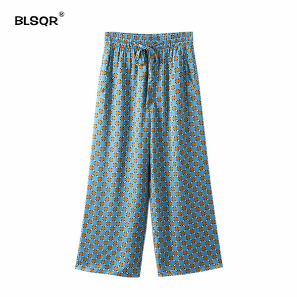 New Women Vintage Dot Print Wide Leg Pants Pockets Drawstring Elastic Waist Ladies Streetwear Casual Trousers