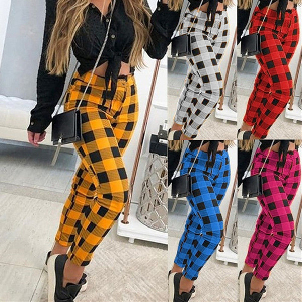 Fashion Style Womens Designer Pants Plaid Print Contrast Color Womens Skinny Pants Casual Ladies Pencil Pants