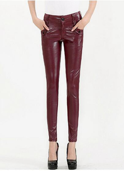 Ms. Han edition leisure fashion new winter high waist tight leather pants show thin elastic foot a pencil. S - 2xl