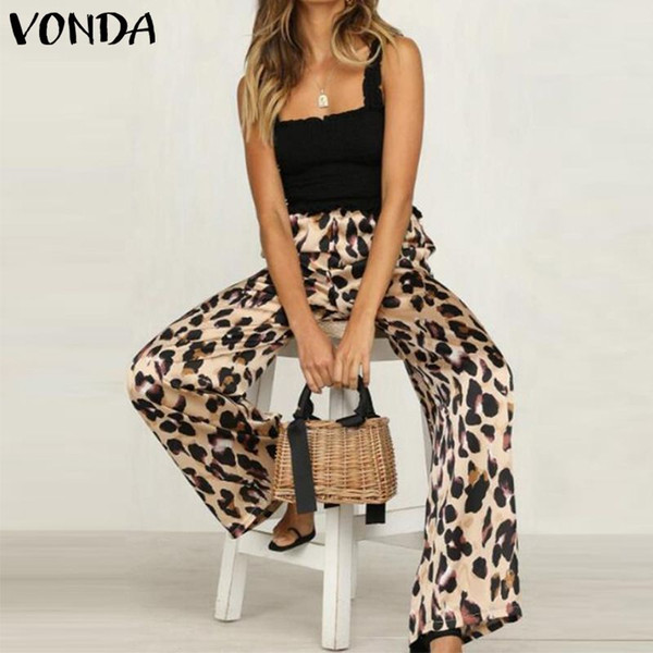 VONDA Fashion Women Leopard Print Casual Wide Leg Long Pants Bohemian High Waist Chic Loose Ladies Trousers 2019 Plus Size 5XL